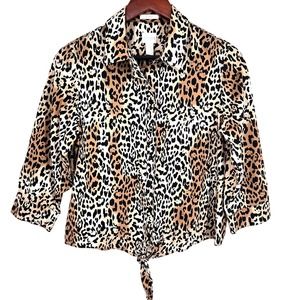 Chicos Sz 0 Small 4-6 Tie Front Animal Print Leopard Blouse Shirt Top Mature